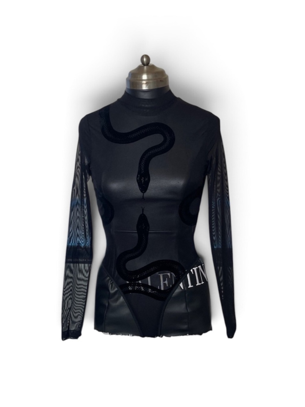 Black Snake-Print Mesh Long-Sleeve Top